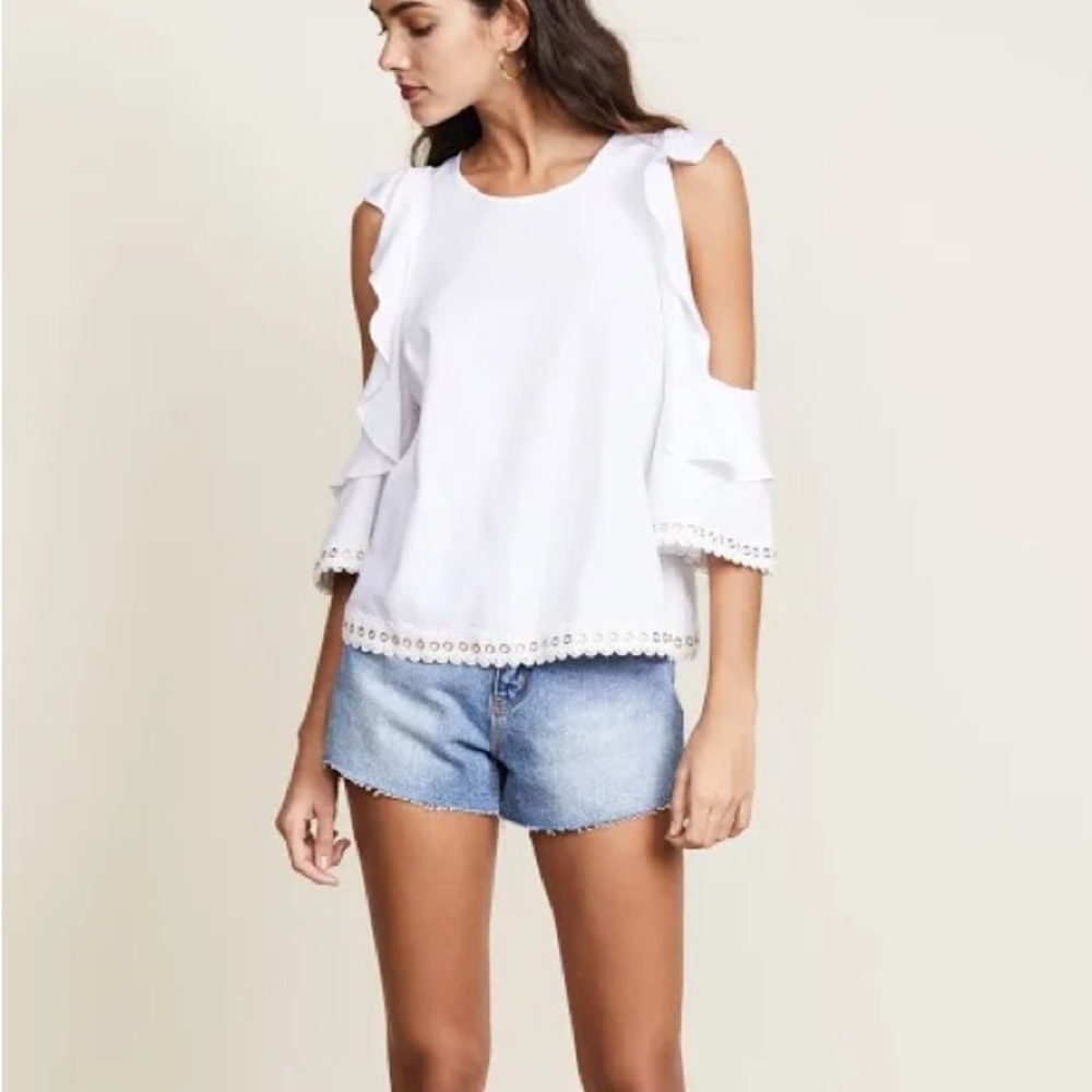 MISA Los Angeles Linen Blend Cold Shoulder Metal Rivet Eyelet Ruffle Blouse XS - Picture 3 of 15
